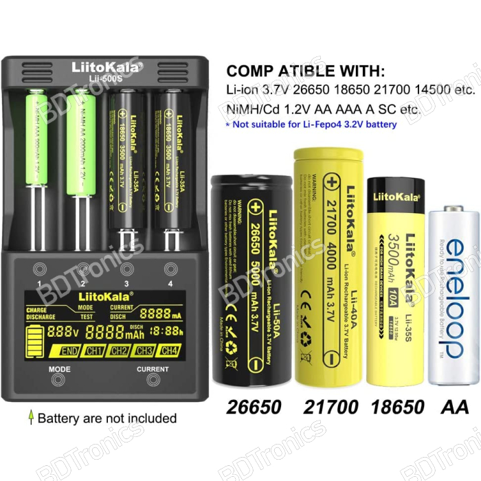 Liitokala Lii-500S supports battery types such as Li-ion LiPo Ni-MH NiCd AA AAA 18650 26650 14500 Liitokala Lii-500S supports battery types such as Li-ion LiPo Ni-MH NiCd AA AAA 18650 26650 14500