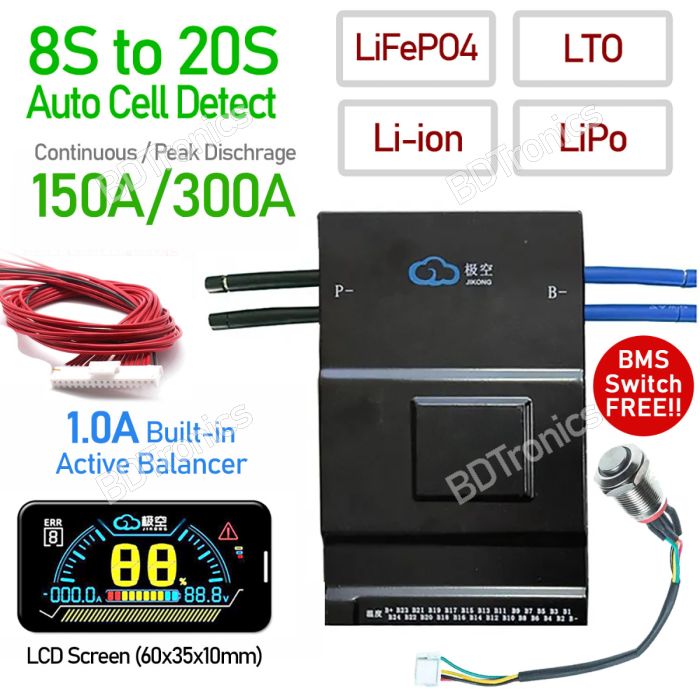 Original JK BMS 8S to 20S 150A for LiFePO4, LTO, Li-ion, LiPo Battery Charger built-in 1A Active Balancer with Bluetooth main product photo