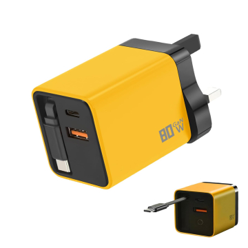 80W USB-C USB-A GaN Fast Charger PD QC Quick Charger with Retractable Cable for Smartphone  in BD, Bangladesh by BDTronics