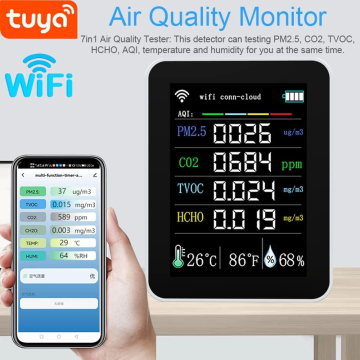 Tuya 7-in-1 WiFi Air Quality Monitor PM2.5, CO2, TVOC, HCHO, AQI in BD, Bangladesh by BDTronics Tuya 7-in-1 WiFi Air Quality Monitor PM2.5, CO2, TVOC, HCHO, AQI in BD, Bangladesh by BDTronics