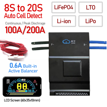 Original JK BMS 8S to 20S 100A for LiFePO4, LTO, Li-ion, LiPo Battery Charger 0.6A Active Balancer with LCD Bluetooth